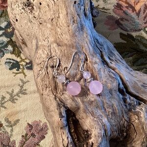 New Rose Quartz Double Bead Silver Drop Earrings
